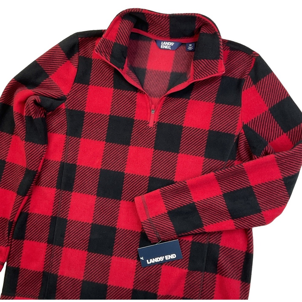Lands End Fleece Pullover Women Sz M Sweater Buffalo Plaid Red Black 1/4 Zip NWT